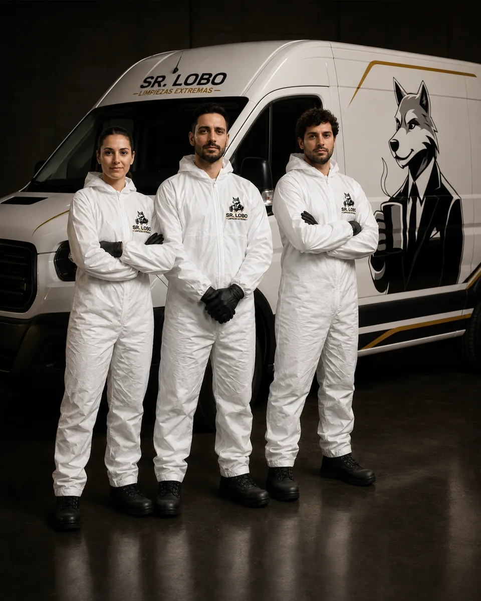 Equipo SR. LOBO con buzos de protección y furgoneta rotulada