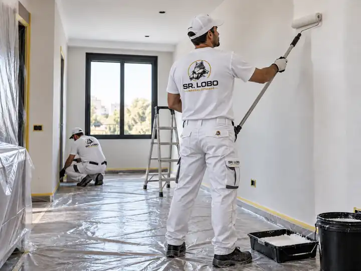 Equipo de SR. LOBO con uniformes blancos logotipados pintando una estancia ya limpia y protegida con plásticos