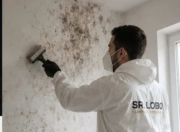 Técnico de SR. LOBO realizando limpieza controlada de moho superficial en una pared interior