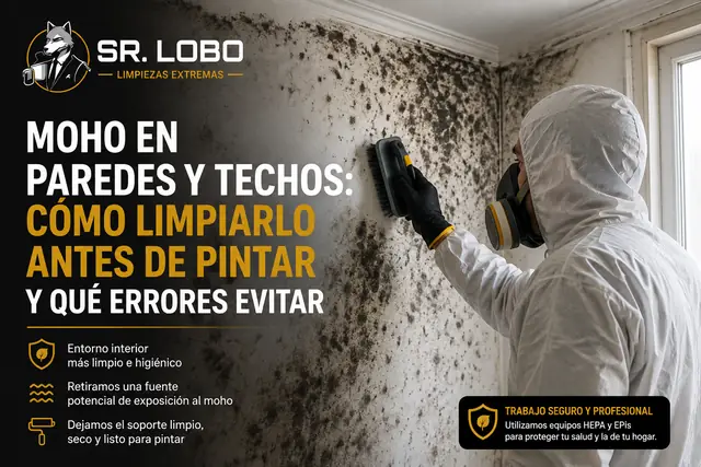 Imagen destacada SR. LOBO sobre limpieza de moho en paredes y techos antes de pintar, con técnico protegido trabajando sobre una pared afectada